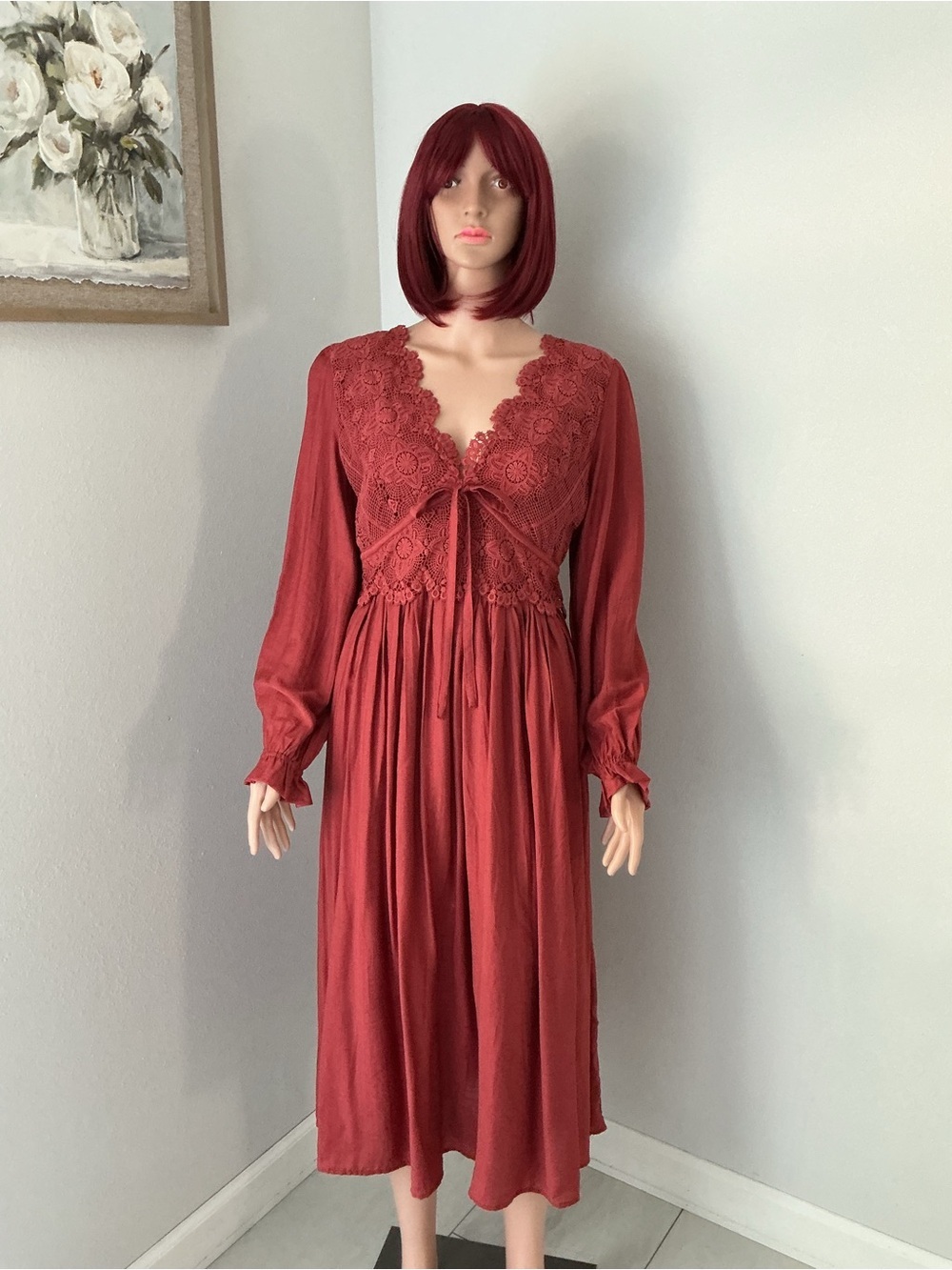 Lace-Trim Long Sleeve Midi Nightgown in Burgundy